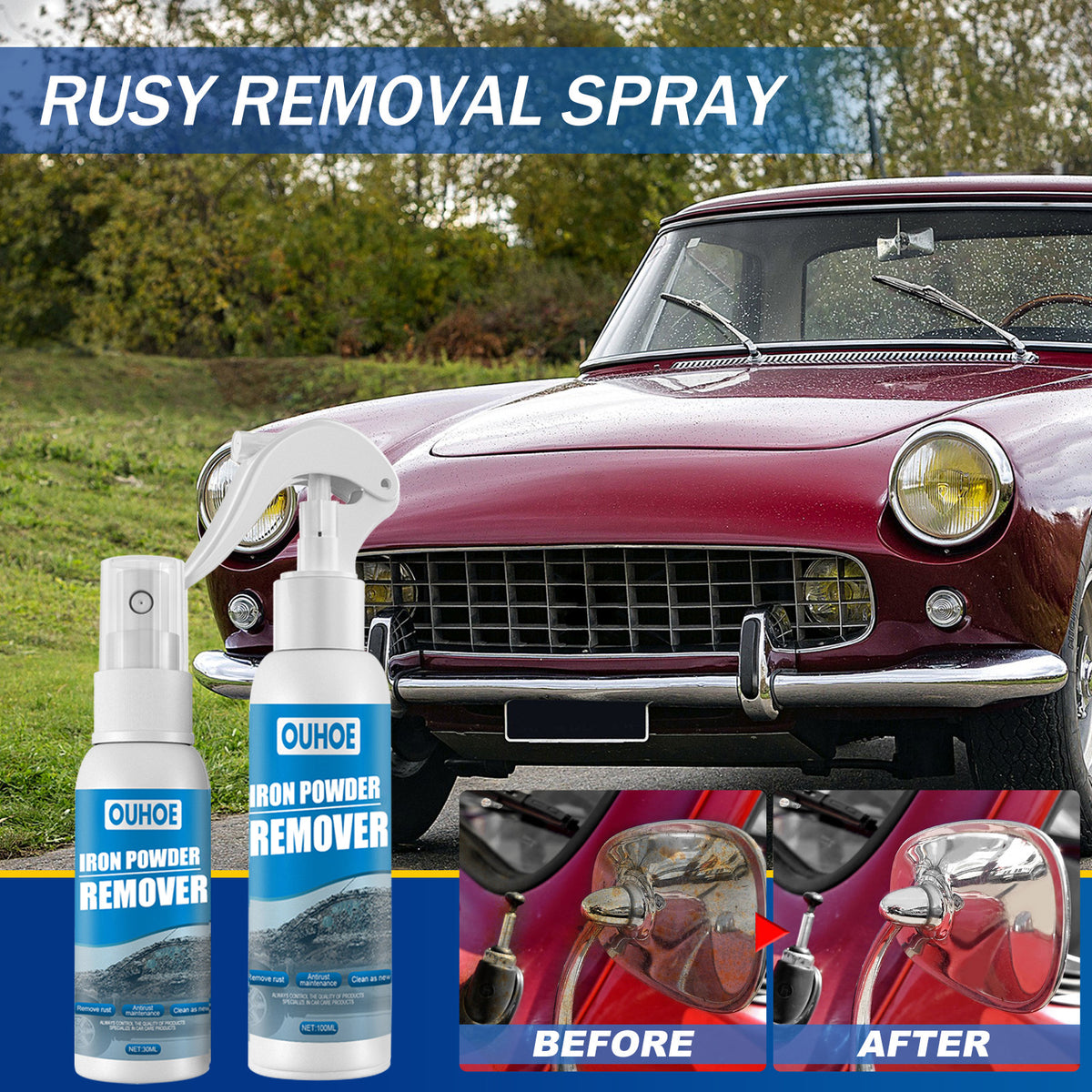 OUHOE Rust Removal Spray for Cars – Powerful Rust & Stain Remover, Car Cleaning Solution for Removing Rust, Dirt & Grime – Easy Spray & Wipe Formula